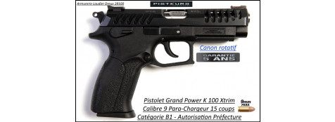 Pistolet Grand Power K100 Xtrim Calibre 9mm para noir 15 coups-Catégorie B1-Autorisation-Préfecture-Promotion-Ref grand power-K100-xtrim