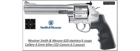 Revolver Smith & wesson 629 Air CO2 Calibre 4,5 mm STAINLESS Canon 6.5 " Barillet 6 coups plombs billes métal Full métal-Ref 41722