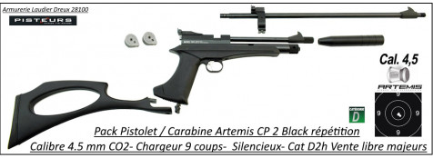 Pack Pistolet  Carabine Artemis CP2 black CO2 air  Calibre 4.5mm semi automatique plombs jupe 9coups TIR entrainement-Ref 46287