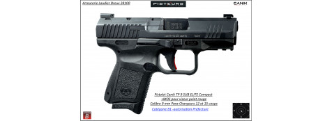 Pistolet Canik Tp9 Sub Elite  Calibre 9 Para 12- 15 coups+ MOS Semi automatique COMPACT-Catégorie B1-Promotion-Autorisation-Préfectorale-B1-Ref 515319