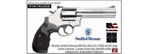 Révolver Smith et Wesson 686 PLUS 3-5-7 Série 5" Calibre 357-magnum  inox Crosse bois laméllée 7 coups -Catégorie B1-Autorisation-Préfecture-Promotion-Ref 778604