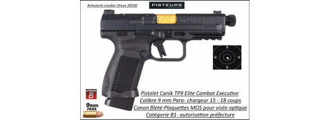 Pistolet Canik Tp9 Elite combat executive Calibre 9 Para  15- 18 coups + plaquettes MOS Semi automatique-Catégorie B1-Promotion-Autorisation-Préfectorale-B1-Ref CA00012