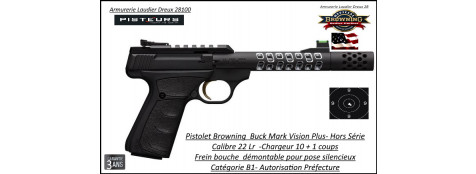 Pistolet Browning Buck Mark Plus Vision Black  Calibre 22 Lr Canon fileté- Frein de bouche-Semi automatique HORS SERIE-Catégorie B1-Ref 051561490