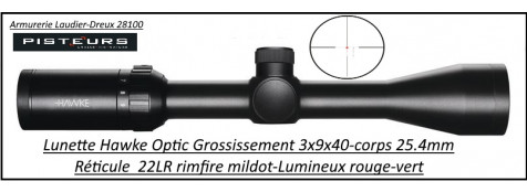 Lunette Hawke Optics Vantage-3-9x40 Réticule 22LR rimfire Mil Dot-lumineux-vert-rouge-Promotion-Ref 30173