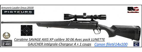 Carabine SAVAGE AXIS XP GAUCHER intégrale Calibre 30-06 Répétition Pack sanglier complet Lunette  3x9x40 Canon-FILETE-POUR-SILENCIEUX -Promotion-687.00€ ttc au lieu de 750.00 € ttc-Ref 780572