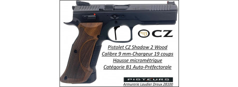 Pistolet CZ SHADOW 2 Black WOOD CUSTOM Calibre 9 Para-Semi automatique-Catégorie B1-Promotion-Avec-Autorisation-Préfectorale-B1-Ref 784294