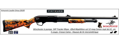 Fusil pompe Winchester SXP Tracker Blaze Camo orange Calibre 12 Magnum Canon rayé 61cm-5 coups HAUSSE REGLABLE-Ref 512423389