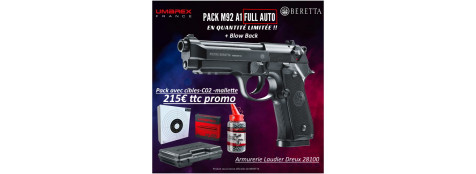 Pistolet  Beretta M92 A1 FULL AUTO Umarex air C02 Calibre 4,5mm-Full métal Blow Back-18 coups+ PACK billes et C02 mallette cibles- Promo-Ref 34353