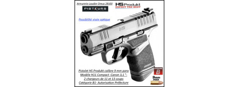 Pistolet  HS Produkt H11 Black Compact canon 3,1" Calibre 9 Para chargeur 11-13 coups Semi automatique-Catégorie B1-Promotion-Autorisation-Préfectorale-B1-Ref HS309036