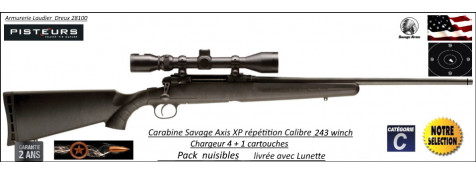 Carabine SAVAGE AXIS XP Calibre 243 winch Répétition Pack Lunette  3x9x40  -Promotion-687.00 € ttc au lieu de 750.00 € ttc-Ref 774144