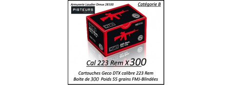 Cartouches calibre 223 rem GECO DTX FMJ blindées par 300 cartouches CIP poids 55 grains -Promotion-Ref 223-geco-300