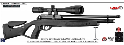 Carabine air Précomprimé PCP Gamo Coyote Tactical Calibre 5.5m/m Puissance 40  joules-Pack lunette+pompe-Grande puissance-Promotion-Ref PCP-G1630P