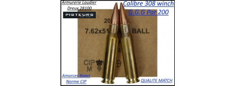 Cartouches calibre 308 winch GGG CIP (7.62x51) poids147 grains FMJ blindées par 200 cartouches-Promotion-Ref ggg 308w-200