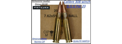 Cartouches calibre 308 winch GGG CIP (7.62x51) poids147 grains FMJ blindées par 20 cartouches-Promotion-Ref ggg 308w-20