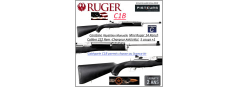 Carabine Ruger mini 14 Ranch Calibre 222 Rem INOX Répétition manuelle 5+1 coups chargeur amovible U.S.A-Catégorie C1b-Ref 28854