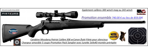 Carabine Mossberg Patriot Calibre 308 winch Répétition Pack  sanglier-complet-Lunette -3x9x40 Canon-FILETE-POUR-SILENCIEUX-Promotion-740.00€ ttc au lieu de 859.00 € ttc-Ref PCKMO3081F-ea