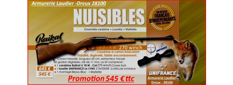 Carabine-Baikal-un coup-Kipplauf-Cal  270 winch+ Kit lunette LYNX 2.5x10x56 + Montage -Mono Bloc+monobloc -"Promotion".Ref 15989