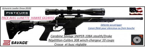 Carabine Savage 10BA Stealth Drake SNIPER Calibre 308 winch filetée+ lunette 6x24x50+montages  Répétition-Crosse réglable-rails picatini -Promotion-Ref 777616bis